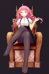  ahoge black_background black_legwear blush crossed_legs drill_hair hair_twirling long_hair maeda_risou no_shoes original pantyhose parted_lips pink_hair purple_eyes sitting skirt solo throne twin_drills 