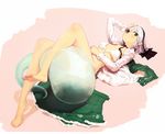  arm_up bare_legs barefoot black_eyes bottomless bra choker front-tie_top full_body hairband konpaku_youmu konpaku_youmu_(ghost) kylin lying on_back open_clothes open_shirt ribbon_choker shirt short_hair simple_background skirt skirt_removed solo touhou underwear untied white_bra white_hair 