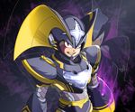  adapted_costume android armor clenched_teeth fang forte_(rockman) glowing helmet highres looking_at_viewer male_focus manganiac purple_background red_eyes rockman simple_background solo stan teeth zoom_layer 