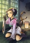  animal_ears animal_hand arm_support barefoot brown_hair cat_ears cat_tail claws comb flower green_eyes hair_flower hair_ornament highres indoors japanese_clothes kimono kneeling lantern long_sleeves looking_at_viewer multiple_tails obi oboro_muramasa okoi_(oboro_muramasa) paper_lantern sash solo soraao_(aokabi) tail tongue tongue_out vanillaware wide_sleeves 