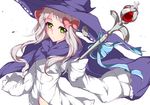  bad_id bad_pixiv_id cape fantasista_doll green_eyes hair_ornament hair_ribbon hat long_hair minamon_(vittel221) proto-zero_(fantasista_doll) ribbon scepter shirt silver_hair simple_background solo witch_hat 