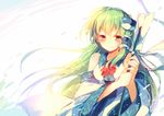  backlighting bare_shoulders blush detached_sleeves frog_hair_ornament gohei green_eyes green_hair hair_ornament kochiya_sanae long_hair long_sleeves looking_at_viewer shirt solo tears touhou very_long_hair wide_sleeves yetworldview_kaze 