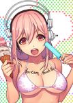  bikini body_writing breasts cleavage double_scoop english food headphones ice_cream ice_cream_cone large_breasts long_hair looking_at_viewer navel nitroplus open_mouth pink_hair popsicle red_eyes smile solo super_sonico swimsuit yuksi 