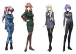  blonde_hair blue_eyes boots brown_eyes brown_hair camouflage fingerless_gloves gloves green_eyes helgarose_von_falkenmayer highres jinguuji_marimo knee_boots multiple_girls muvluv pantyhose purple_hair sigelinde_von_fahrenhorst skirt smile tsukiji_tae 