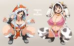  animal_costume belt boots breasts brown_background character_name cleavage cow_costume cow_horns horns huge_breasts idolmaster idolmaster_cinderella_girls looking_at_viewer mukai_takumi multiple_girls nail_polish nash_(na-si) oikawa_shizuku open_mouth short_shorts shorts simple_background smile squatting thick_thighs thighs torn_clothes 