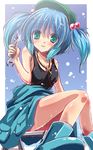  aqua_eyes black_shirt blue_background blue_hair boots breasts cleavage dripping glint gradient gradient_background hair_bobbles hair_ornament hat kawashiro_nitori key knees_together_feet_apart looking_at_viewer medium_breasts shirt sitting sketch skirt smile solo tank_top touhou two_side_up wet wrench yamu_(reverse_noise) 