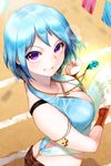  bare_shoulders blue_hair breasts character_request cleavage grin jewelry julion_(akesuzu) large_breasts looking_at_viewer looking_back necklace paper purple_eyes short_hair smile solo sword_girls 