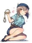  alternate_costume belt brown_eyes brown_hair commentary cosplay cuffs hair_between_eyes handcuffs hat heart kantai_collection kazami_miki one_eye_closed pencil_skirt police police_uniform policewoman pun shadow short_hair skirt smile solo taihou_(kantai_collection) tsujimoto_natsumi tsujimoto_natsumi_(cosplay) twitter_username uniform you're_under_arrest 