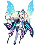  artist_request azure_striker_gunvolt bare_shoulders blonde_hair blue_wings breasts butterfly_hair_ornament butterfly_wings cleavage detached_sleeves hair_ornament long_hair lumen_(gunvolt) medium_breasts multicolored_hair official_art red_hair simple_background solo thighhighs two-tone_hair wide_sleeves wings 