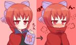  blush bow cape embarrassed hair_bow hidden_mouth marshmallow_mille red_eyes red_hair sekibanki short_hair solo sweat touhou 
