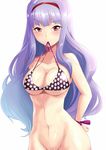  bikini bikini_in_mouth bottomless breasts cleavage groin hairband highres idolmaster idolmaster_(classic) kozy large_breasts looking_at_viewer mouth_hold polka_dot polka_dot_bikini polka_dot_swimsuit purple_eyes purple_hair purple_hairband shijou_takane simple_background smile solo swimsuit white_background 