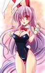  animal_ears between_breasts bow bowtie breasts bunny_ears bunny_tail bunnysuit cleavage detached_collar large_breasts long_hair purple_hair red_eyes reisen_udongein_inaba tail touhou wrist_cuffs yamu_(reverse_noise) 