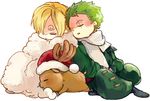  2boys antlers blanket blonde_hair boots chibi christmas earrings eyes_closed green_hair hair_over_one_eye hat indian_style jacket jewelry multiple_boys one_piece reindeer robe roronoa_zoro sanji santa_hat scar scarf sitting sleeping tony_tony_chopper trio 