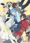  arm_around_shoulder badge bandages belt black_hair blonde_hair blue_hair bridge_piercing brown_hair building button_badge clear_(dramatical_murder) dog dramatical_murder earrings eyebrow_piercing falling gas_mask hairlocs hat headphones headphones_around_neck highres honya_lala jacket japanese_clothes jewelry kimono koujaku labret_piercing long_hair mink_(dramatical_murder) multiple_boys nitro+_chiral noiz_(dramatical_murder) official_art piercing pipe pixelated ren_(dramatical_murder) scar scarf seragaki_aoba short_hair smile smoking tassel umbrella white_hair 