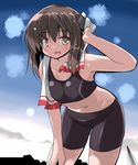  bare_shoulders bike_shorts breasts brown_eyes brown_hair covered_nipples hair_ornament kantai_collection looking_at_viewer open_mouth short_hair small_breasts smile solo sports_bra sweat taihou_(kantai_collection) towel tsuzuri_(tuzuri) 