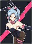  akuma_no_riddle animal_ears bad_id bad_pixiv_id bare_shoulders black_gloves black_legwear blue_hair blush bow bowtie breasts bunny_ears bunny_girl bunny_tail bunnysuit cleavage detached_collar drillarm elbow_gloves gloves highres large_breasts leg_garter looking_at_viewer pantyhose short_hair shutou_suzu simple_background smile solo tail wrist_cuffs yellow_eyes 