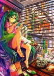  air_conditioner barefoot blinds couch crazypen cushion earbuds earphones green_eyes green_hair hatsune_miku highres indoors long_hair sitting slippers solo teruterubouzu twintails very_long_hair vocaloid window 