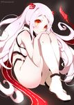  airfield_hime ankle_boots bare_shoulders boots hands_on_own_knees highleg highleg_panties horns kantai_collection legs_together long_hair looking_at_viewer pale_skin panties red_eyes shinkaisei-kan smile solo twitter_username underwear watanon_(gakushokutei) white_footwear white_hair 