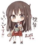  akagi_(kantai_collection) bow_(weapon) bowl chibi flight_deck food food_on_face holding kantai_collection kotatu_(akaki01aoki00) long_hair looking_at_viewer muneate open_mouth rice rice_on_face solo translated weapon 