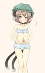  aiba_kou animal_ears blush bra brown_hair cat_ears cat_tail chen cinderella_bust hat looking_at_viewer multiple_tails nekomata panties short_hair solo steepled_fingers tail touhou underwear underwear_only 