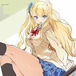  asymmetrical_hair blue_eyes blush breasts cardigan galko kneehighs kneepits large_breasts long_hair nauribon one_side_up open_mouth oshiete!_galko-chan plaid plaid_skirt school_uniform scrunchie side_bun sitting skirt solo twitter_username 