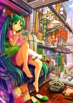  air_conditioner barefoot couch crazypen cushion earbuds earphones feet_on_chair green_eyes green_hair hatsune_miku highres indoors long_hair sitting slippers solo teruterubouzu twintails very_long_hair vocaloid window 