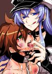  1girl :q akame_ga_kill! bdsm blue_eyes brown_background brown_hair bruise chain chained collar esdeath femdom finger_in_another's_mouth green_eyes haoro injury lavender_hair licking_lips long_hair looking_at_viewer naughty_face saliva simple_background tatsumi_(akame_ga_kill!) tears tongue tongue_grab tongue_out upper_body 