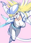  blonde_hair breasts cleavage gear_senshi_dendou hat large_breasts long_hair looking_at_viewer mask open_mouth pink_background red_eyes simple_background solo ueyama_michirou vega_(dendoh) whip 