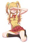  aikatsu! aikatsu!_(series) alternate_costume arm_up armpit_peek blonde_hair blush breasts clearite covering_eyes kneehighs long_hair looking_at_viewer natsuki_mikuru no_shoes open_mouth panties pantyshot pantyshot_(sitting) plaid plaid_skirt red_eyes school_uniform sitting skirt small_breasts smile solo sweatdrop sweater_vest two_side_up underwear 