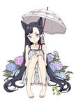  animal_ears anklet barefoot black_hair bow cat_ears choker crossdressing dress expressionless frog full_body head_tilt jewelry june long_hair male_focus montanyaoh original otoko_no_ko parasol ribbon simple_background sitting solo thighs toes umbrella very_long_hair white_background 