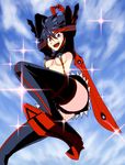  arms_up black_hair blue_sky breasts cloud day from_below high_heels kill_la_kill matoi_ryuuko mitsuko_(4afe6300) multicolored_hair red_hair scissor_blade senketsu sky small_breasts solo sparkle thighhighs two-tone_hair underboob weapon 