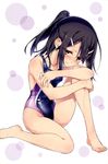  bare_legs barefoot black_hair blush brown_eyes competition_swimsuit covered_navel fate/kaleid_liner_prisma_illya fate_(series) feet hair_ornament hairclip half_updo highres hiroyama_hiroshi leg_hug long_hair miyu_edelfelt official_art one-piece_swimsuit one_side_up ponytail sitting solo swimsuit toes wet wet_hair 