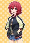  brown_eyes hands_in_pockets idolmaster idolmaster_cinderella_girls jacket letterman_jacket lips looking_at_viewer murakami_tomoe open_mouth red_hair sakayama_shinta short_hair skirt smile solo 