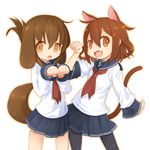  :d animal_ears brown_eyes brown_hair cat_ears cat_tail dog_ears dog_tail fang folded_ponytail hair_ornament hairclip ikazuchi_(kantai_collection) inazuma_(kantai_collection) kantai_collection kemonomimi_mode looking_at_viewer multiple_girls open_mouth pantyhose paw_pose pleated_skirt ran_system school_uniform serafuku short_hair skirt smile tail 