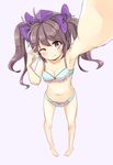  aiba_kou arm_up armpits barefoot blush bra breasts brown_hair hat himekaidou_hatate long_hair looking_at_viewer medium_breasts navel one_eye_closed panties reaching_out self_shot smile solo tokin_hat touhou twintails underwear underwear_only v 