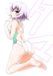  alternate_costume ass bad_id bad_pixiv_id barefoot blush character_name competition_swimsuit dakku_(ogitsune) full_body kantai_collection looking_at_viewer one-piece_swimsuit purple_hair red_eyes short_hair simple_background solo swimsuit tama_(kantai_collection) white_background 