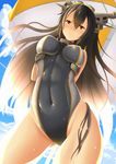  abs arms_behind_back beach_umbrella black_hair blue_sky blush breasts brown_eyes contrapposto covered_navel day dot_triangle from_below headgear highres impossible_clothes impossible_swimsuit kantai_collection large_breasts long_hair looking_at_viewer nagato_(kantai_collection) one-piece_swimsuit sky solo standing swimsuit umbrella wet zukky 