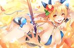  bikini blonde_hair blue_bikini breasts bubble cleavage flower food fruit hair_flower hair_ornament headgear highres large_breasts long_hair open_mouth orange orange_eyes original pyon-kichi smile solo swimsuit 