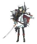  alternate_costume boots cape cutlass_(sword) eyepatch gloves green_eyes green_hair hat kantai_collection kiso_(kantai_collection) looking_at_viewer machinery military military_uniform pantyhose ponytail remodel_(kantai_collection) smile solo toruglose turret uniform 