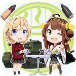  :d ;d ahoge artillery black_eyes blonde_hair blue_eyes braid brown_hair caterpillar_tracks chibi churchill_(tank) country_connection crossover cup darjeeling detached_sleeves double_bun girls_und_panzer gochou_(atemonai_heya) ground_vehicle hair_bun hairband holding kantai_collection kongou_(kantai_collection) long_hair looking_at_viewer lowres machinery military military_uniform military_vehicle motor_vehicle multiple_girls nontraditional_miko one_eye_closed open_mouth pleated_skirt pointing pointing_at_viewer school_uniform skirt smile st._gloriana's_military_uniform standing star table tank teacup thighhighs trait_connection turret uniform zettai_ryouiki 