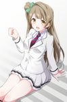  :d alternate_costume arm_support bad_id bad_pixiv_id bangs black_legwear blazer blunt_bangs blush bow breasts buttons clenched_hand gradient gradient_background grey_hair hair_bow jacket kneehighs long_hair long_sleeves looking_at_viewer love_live! love_live!_school_idol_project minami_kotori miniskirt mobu necktie one_side_up open_mouth pleated_skirt school_uniform shadow sitting skirt small_breasts smile solo utx_school_uniform yellow_eyes 