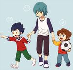  aqua_hair ball blue_eyes blue_hair brown_hair holding_hands inazuma_eleven_(series) inazuma_eleven_go kariya_masaki lightning_bolt male_focus matsukaze_tenma md5_mismatch multiple_boys open_mouth riho simple_background soccer_ball speech_bubble telstar tsurugi_kyousuke walking yellow_eyes younger 