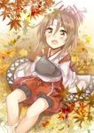  autumn autumn_leaves bad_id bad_pixiv_id blouse brown_eyes brown_hair flat_chest from_above hachimaki hair_ribbon hakama_pants headband high_ponytail japanese_clothes kantai_collection light_brown_hair long_hair long_sleeves looking_up midori_miyako muneate open_mouth ribbon sitting smile solo wide_sleeves zuihou_(kantai_collection) 