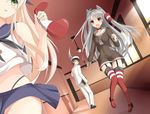  2girls admiral_(kantai_collection) amatsukaze_(kantai_collection) black_panties blonde_hair clothes_theft gloves hairband hat kantai_collection long_hair md5_mismatch military military_uniform multiple_girls naval_uniform panties pantyshot peaked_cap pleated_skirt shimakaze_(kantai_collection) silver_hair skirt striped striped_legwear theft thighhighs tsumiki_akeno two_side_up underwear uniform white_gloves windsock 