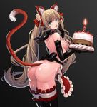 absurdres animal_ears apron arched_back ass bare_shoulders black_background black_legwear blonde_hair blue_eyes breasts cake candle cat_ears cat_tail elbow_gloves finger_to_mouth food gloves highres large_breasts long_hair looking_at_viewer naked_apron original parted_lips qbspdl solo tail thighhighs twintails very_long_hair 