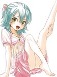  aqua_hair barefoot crossdressing hair_ornament inazuma_eleven_(series) inazuma_eleven_go kariya_masaki legs looking_at_viewer male_focus open_mouth outstretched_leg overexposure riho see-through sitting skirt solo 