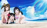  absurdres alternate_hairstyle barefoot beach bikini black_hair breasts brown_eyes brown_hair cleavage cloud day feet flower green_eyes hair_flower hair_ornament hands_on_own_cheeks hands_on_own_face highres large_breasts leg_hug legs long_hair love_live! love_live!_school_idol_project low_twintails lying medium_breasts minami_kotori multiple_girls murota_yuuhei non-web_source ocean official_art on_stomach open_mouth outdoors red_eyes scrunchie side-tie_bikini sky small_breasts smile swimsuit toujou_nozomi twintails water yazawa_nico 