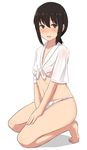  :d bangs barefoot between_legs black_hair blush breasts crop_top feet from_side front-tie_top fubuki_(kantai_collection) full_body fundoshi grey_eyes hair_between_eyes hand_between_legs hand_on_own_thigh japanese_clothes kantai_collection kneeling looking_at_viewer low_ponytail midriff navel no_bra no_pants open_mouth ponytail see-through shadow shirt short_hair short_sleeves sidelocks simple_background small_breasts smile solo taji_(crowview) white_background wide_sleeves yamakasa 