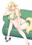  angelo_(gomahangetsu) animal_ears bikini blonde_hair blush breasts couch green_bikini green_eyes high_heels highres kaori-san_(angelo) large_breasts long_hair looking_away original side-tie_bikini sitting solo swimsuit tail 