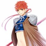  androgynous armor bad_id bad_pixiv_id brown_eyes cape cosplay earrings emiya_shirou fate/stay_night fate_(series) gae_bolg jewelry lancer lancer_(cosplay) male_focus midriff mitsuki_mitsuno pauldrons polearm solo spear weapon 